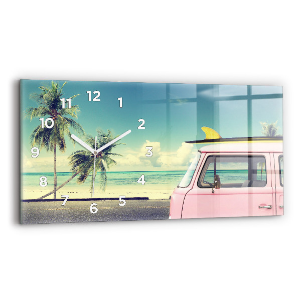 Glass wall clock rectangular Car with surfboard