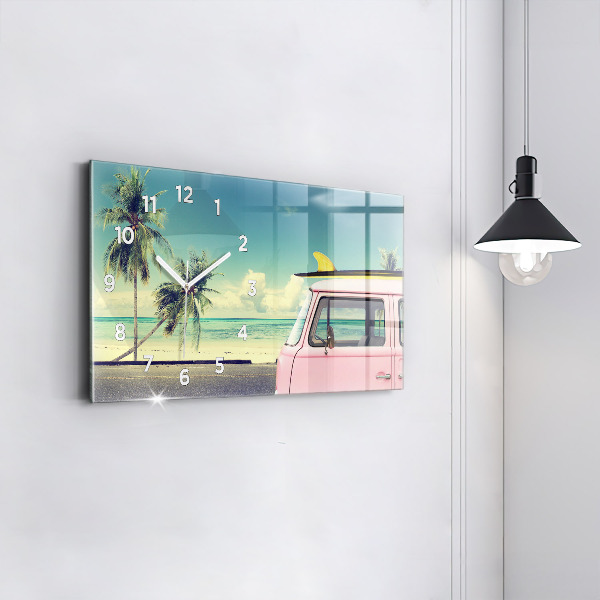 Glass wall clock rectangular Car with surfboard