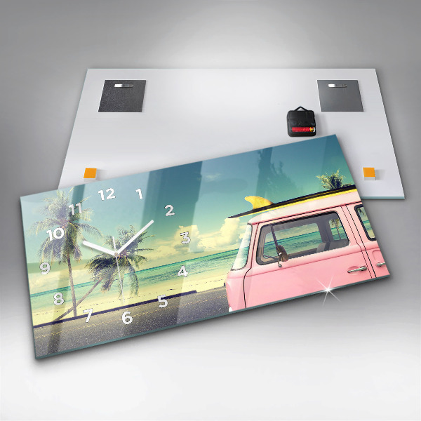 Glass wall clock rectangular Car with surfboard