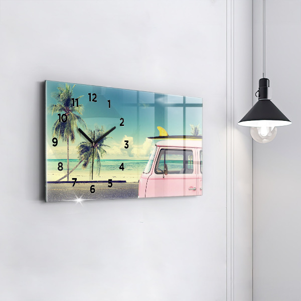 Glass wall clock rectangular Car with surfboard