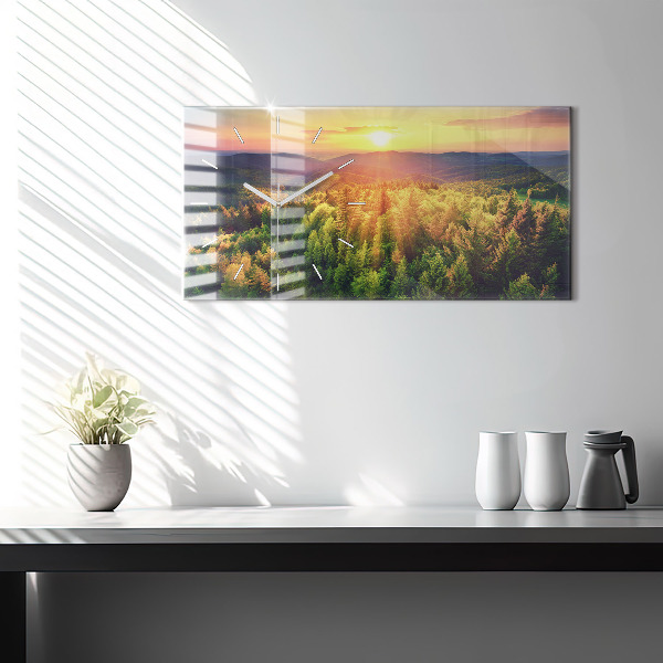 Glass wall clock rectangular Sunset over the hills