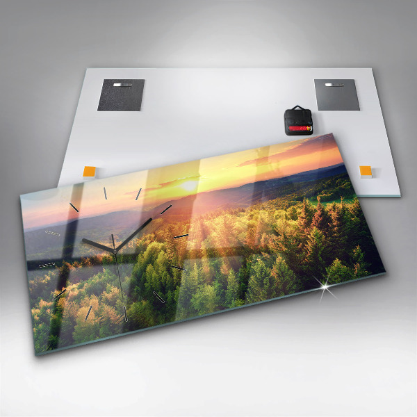 Glass wall clock rectangular Sunset over the hills