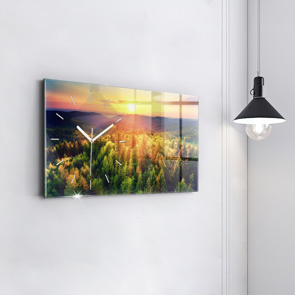 Glass wall clock rectangular Sunset over the hills