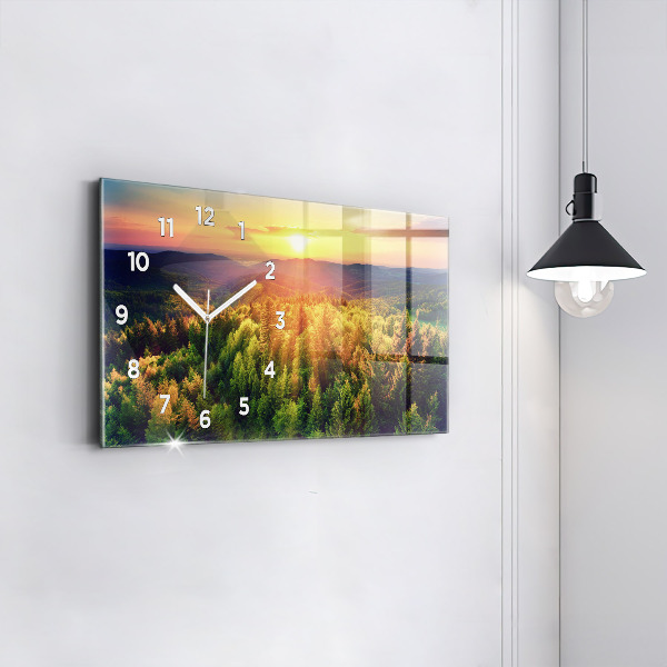 Glass wall clock rectangular Sunset over the hills