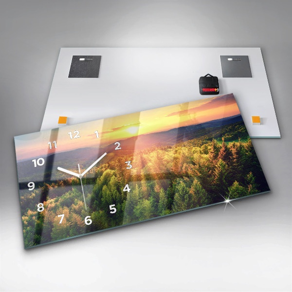 Glass wall clock rectangular Sunset over the hills