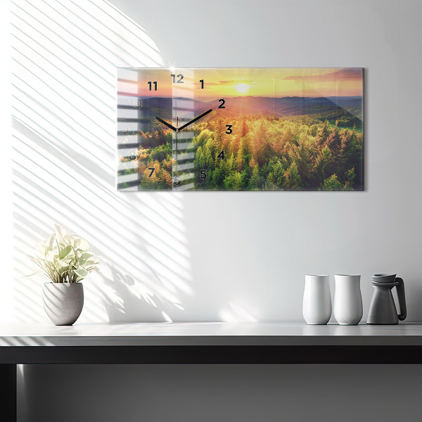 Glass wall clock rectangular Sunset over the hills