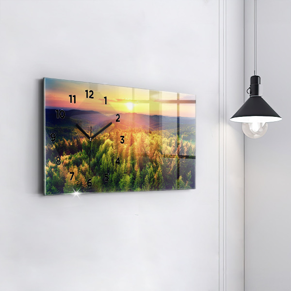 Glass wall clock rectangular Sunset over the hills