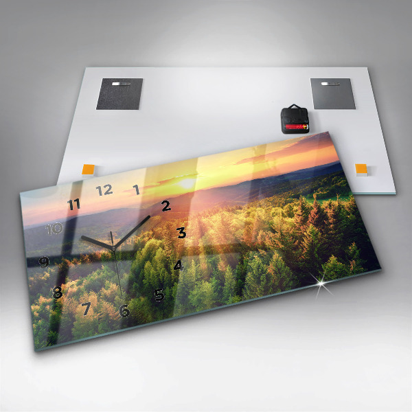 Glass wall clock rectangular Sunset over the hills