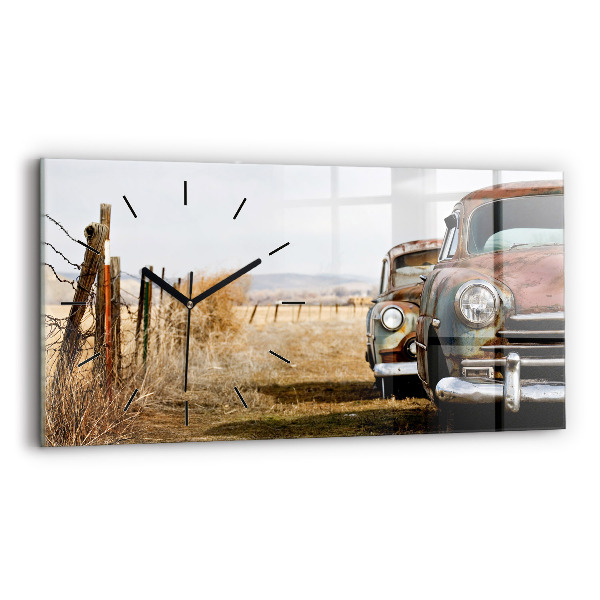 Glass wall clock rectangular Old cars