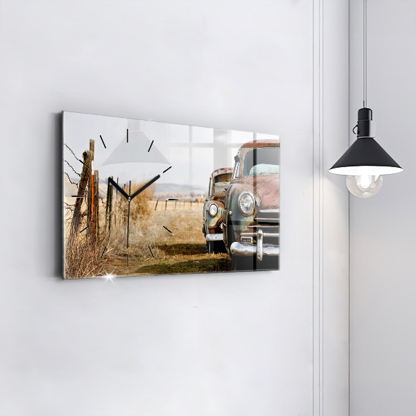 Glass wall clock rectangular Old cars
