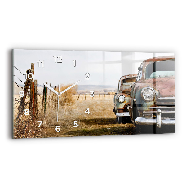 Glass wall clock rectangular Old cars