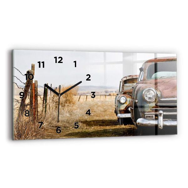 Glass wall clock rectangular Old cars