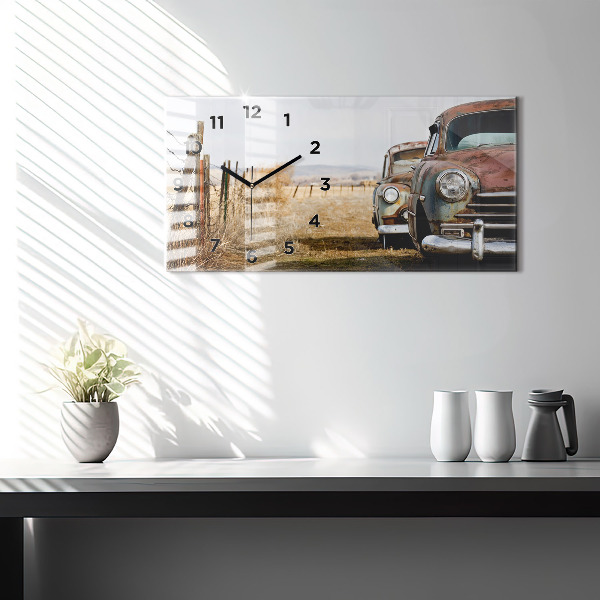 Glass wall clock rectangular Old cars