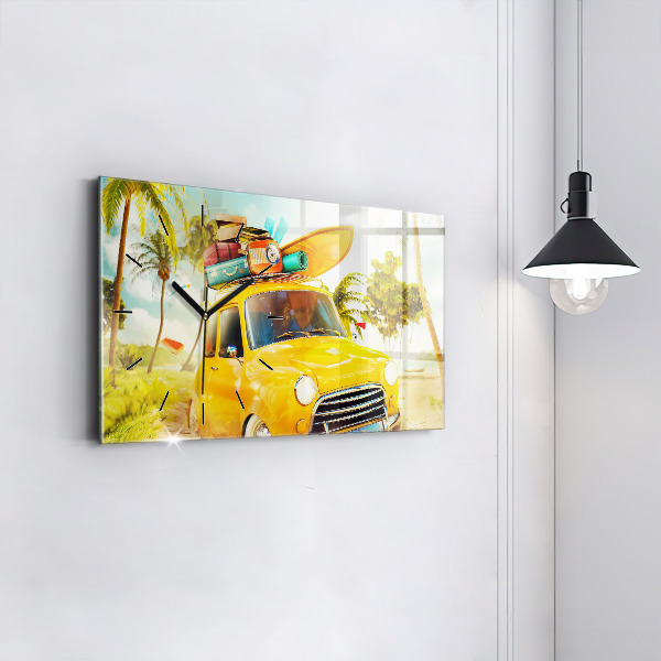 Glass wall clock rectangular Car with surfboard