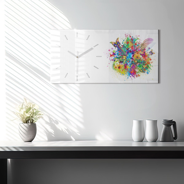 Glass wall clock rectangular Floral harmony with butterflies