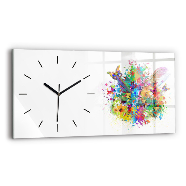 Glass wall clock rectangular Floral harmony with butterflies
