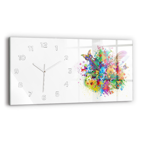 Glass wall clock rectangular Floral harmony with butterflies
