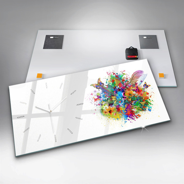 Glass wall clock rectangular Floral harmony with butterflies