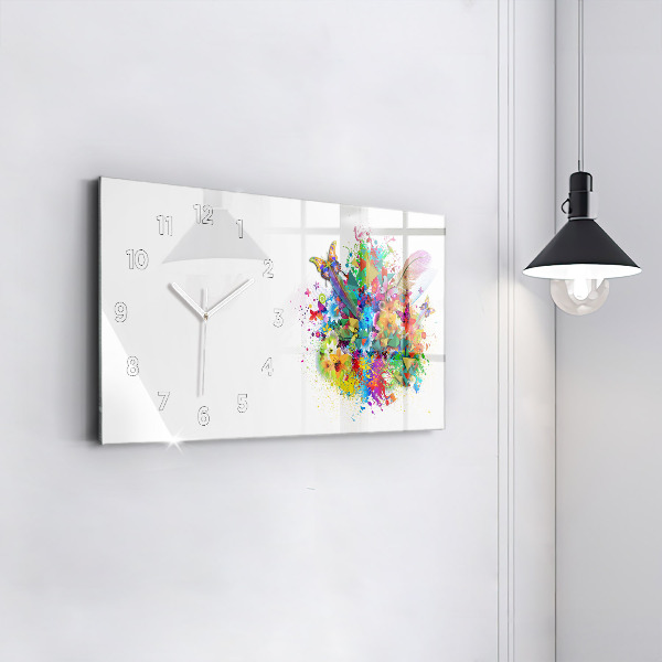 Glass wall clock rectangular Floral harmony with butterflies