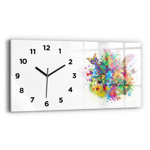Glass wall clock rectangular Floral harmony with butterflies