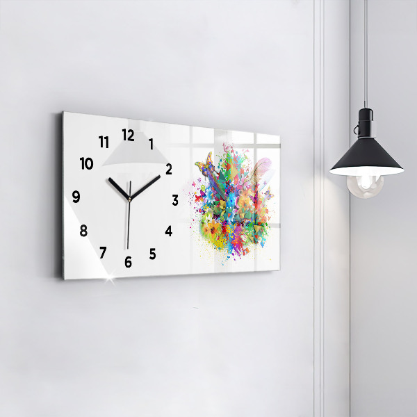 Glass wall clock rectangular Floral harmony with butterflies