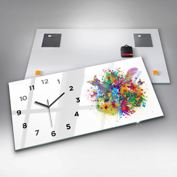 Glass wall clock rectangular Floral harmony with butterflies