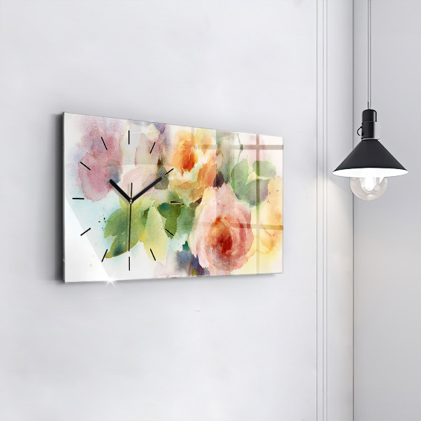 Glass wall clock rectangular Roses In A Vase Watercolor