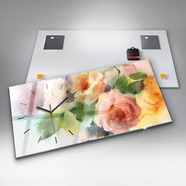 Glass wall clock rectangular Roses In A Vase Watercolor
