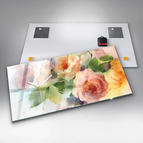 Glass wall clock rectangular Roses In A Vase Watercolor