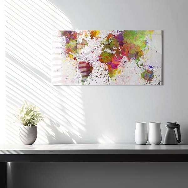 Glass wall clock rectangular Watercolor map of the world