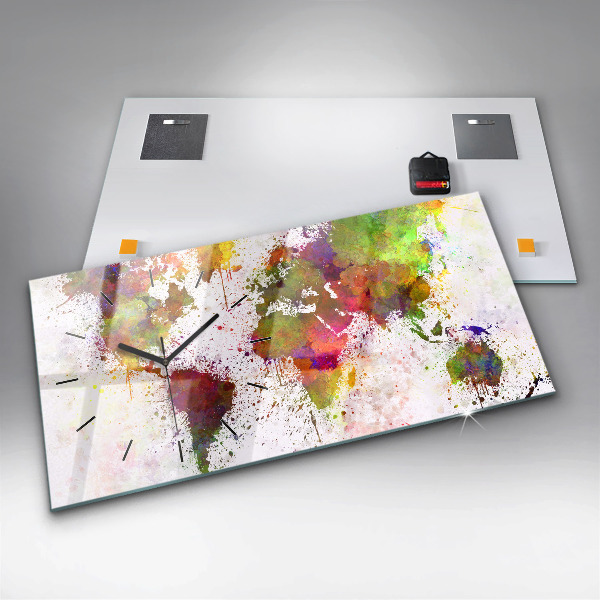 Glass wall clock rectangular Watercolor map of the world