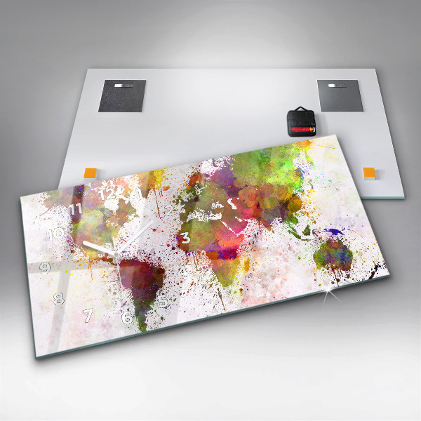 Glass wall clock rectangular Watercolor map of the world
