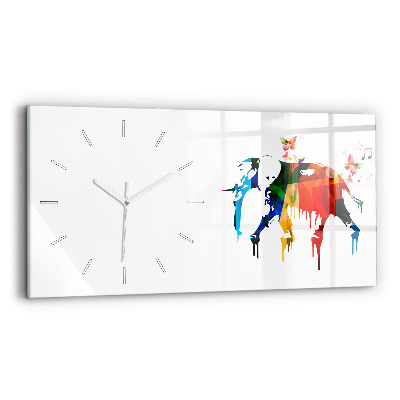 Glass wall clock rectangular Colorful painted elephant