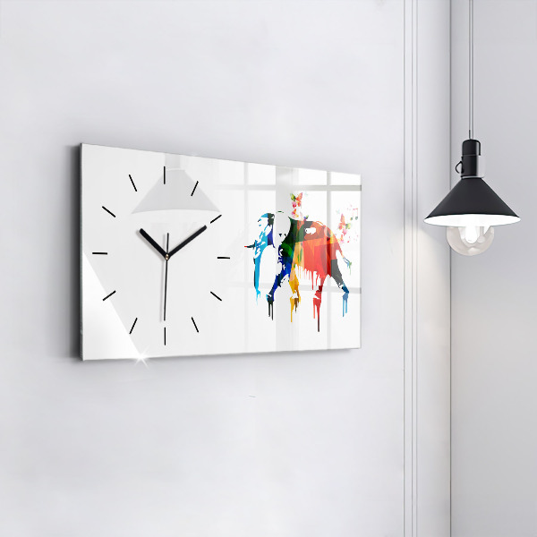 Glass wall clock rectangular Colorful painted elephant