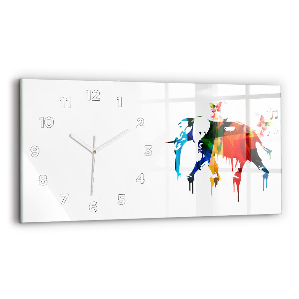 Glass wall clock rectangular Colorful painted elephant