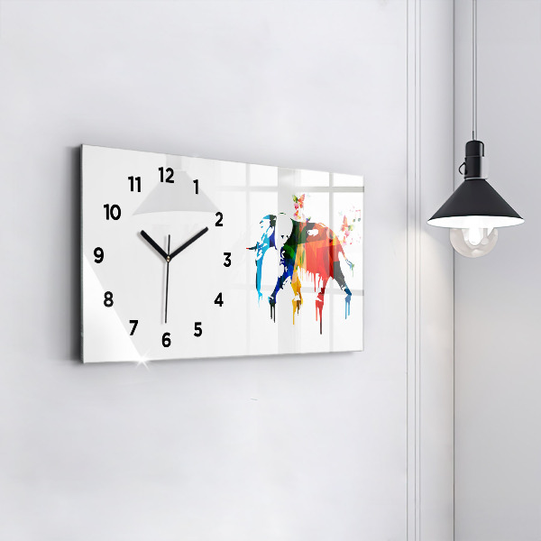 Glass wall clock rectangular Colorful painted elephant