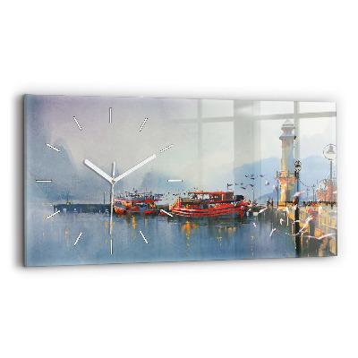 Glass wall clock rectangular Fishing boat in port