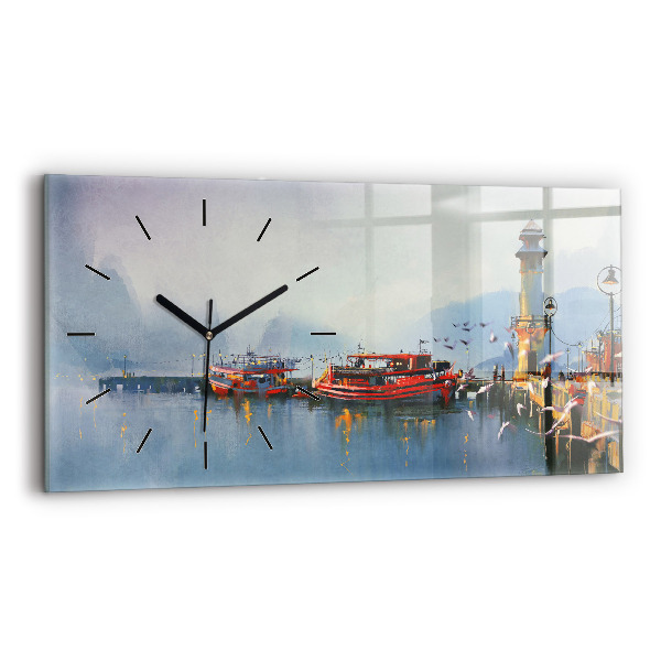 Glass wall clock rectangular Fishing boat in port