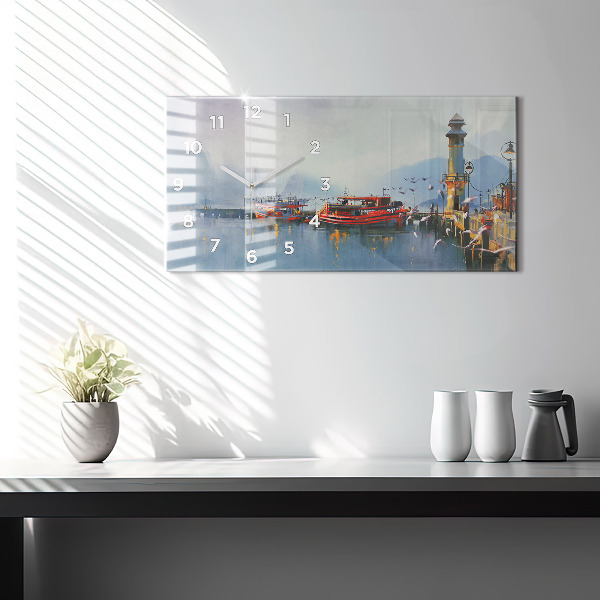 Glass wall clock rectangular Fishing boat in port