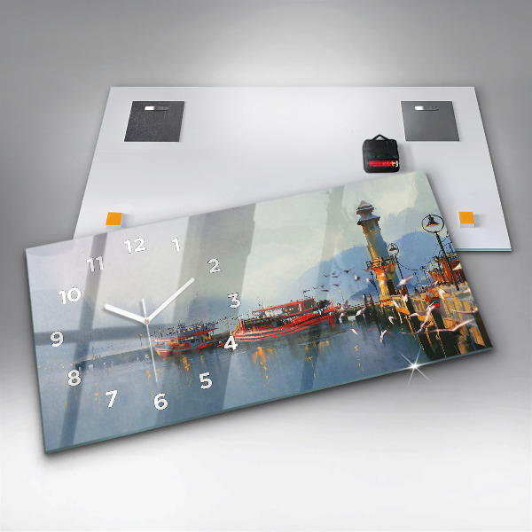 Glass wall clock rectangular Fishing boat in port