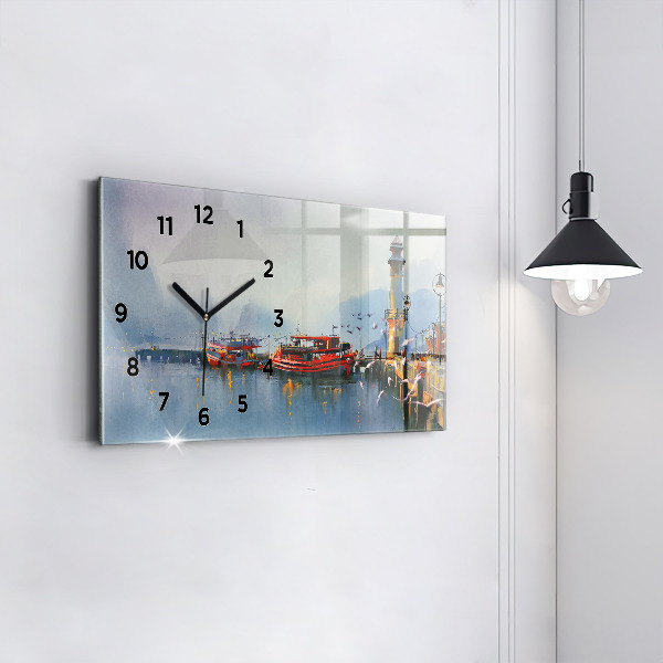 Glass wall clock rectangular Fishing boat in port