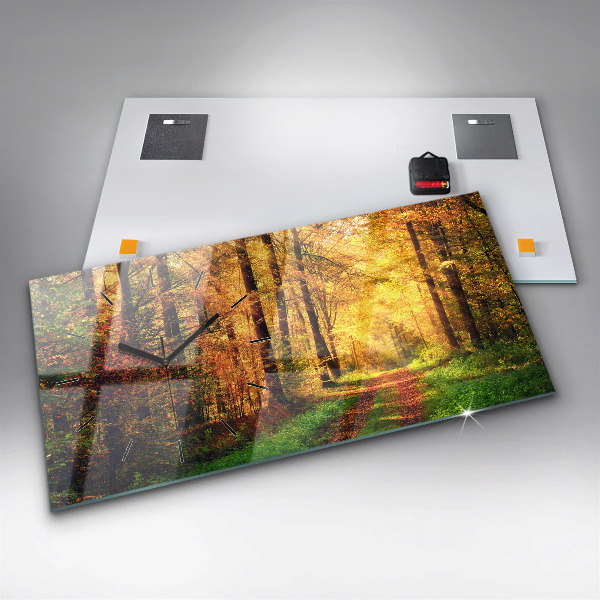 Glass wall clock rectangular Autumn forest scenery