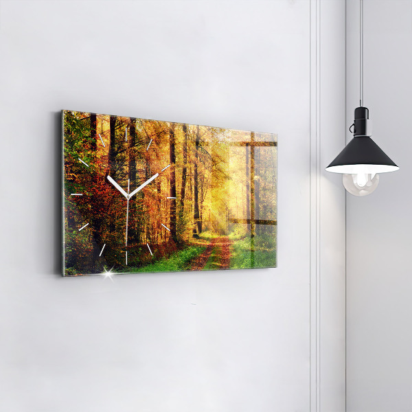 Glass wall clock rectangular Autumn forest scenery