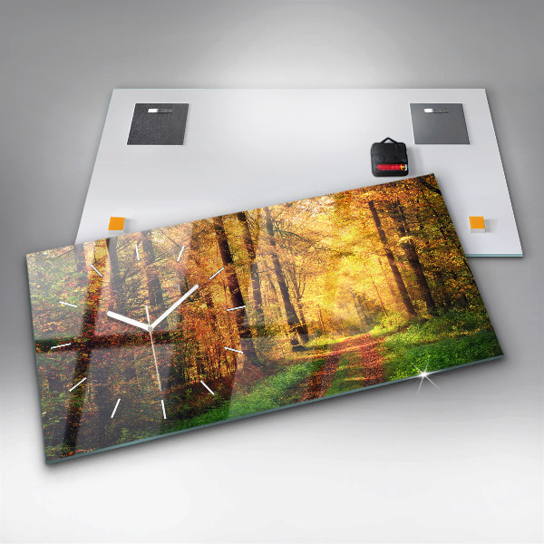 Glass wall clock rectangular Autumn forest scenery