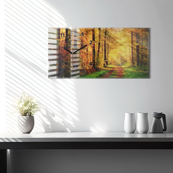 Glass wall clock rectangular Autumn forest scenery