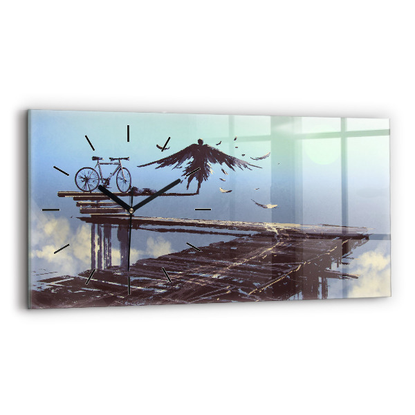 Glass wall clock rectangular Angel Bike