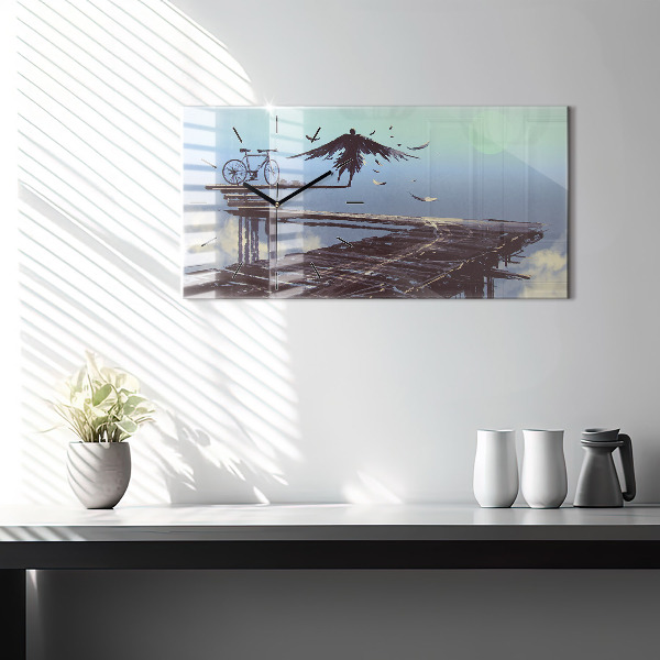 Glass wall clock rectangular Angel Bike