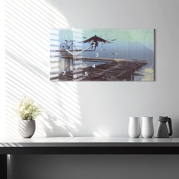 Glass wall clock rectangular Angel Bike