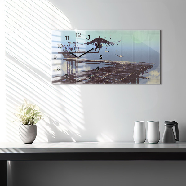 Glass wall clock rectangular Angel Bike