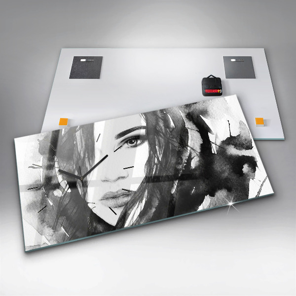 Glass wall clock rectangular Portrait of a woman watercolor